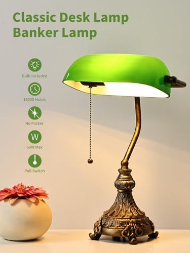 Vintage Green Glass Bankers Desk Lamp, LED Bulb Included
