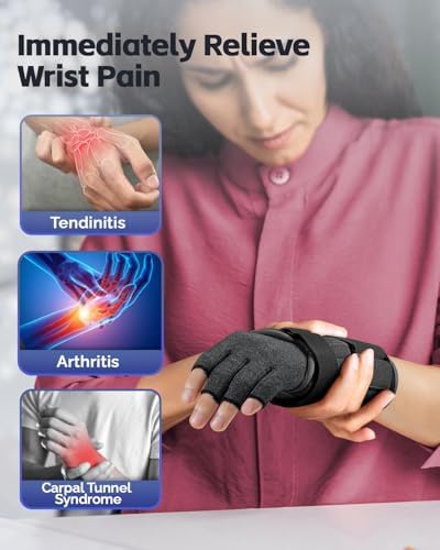 FEATOL Compression Arthritis Glove with Wrist Brace, Comfortable Fingerless Carpal Tunnel Hand Gloves for Women Night Support, Pain Relief for Rheumatoid Arthritis, Work, Typing - Right Hand, Small, Black