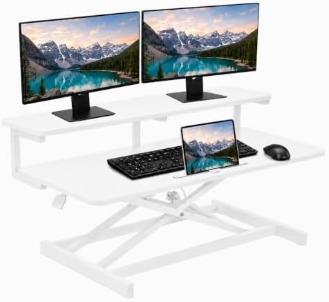 37" Height Adjustable Standing Desk Converter, 4.9" to18.5 Height Adjustable Sit Stand Up Desk Riser with Secondary Desks, Desktop Workstation Riser for Home Office Computer Laptop, White