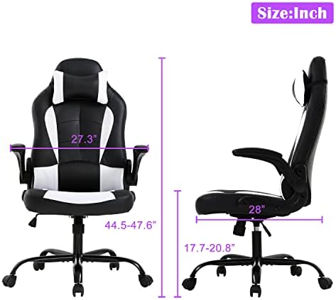 White Gaming Chair, PU Leather Comfy Office Chair for Adults, Ergonomic Desk Chair Computer Chair with Flip Up Arms, Height & Backrest Adjustable, 300 Lbs