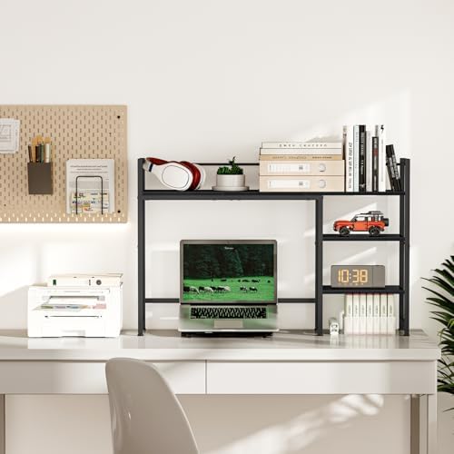 Snughome Desk Shelf, 44.9" Large Desktop Organizer Shelf, Desk Hutch for Monitor, 4 Tier Display Rack, Wooden Desktop Bookshelf Storage Rack for Home Office Dorm
