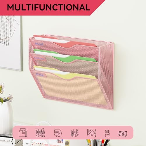 3 Pockets Hanging Wall File Organizer Mail Holder, Wall Mounted Paper Document Folder Holder, Clipboard Storage Organization Magazine Rack, Pink