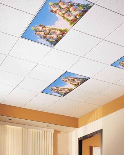 Christmas Magnetic Fluorescent Light Covers for Ceiling Lights 2 x 4 Feet,Santa Claus Christmas Tree Snowflakes Blue Office Classroom Kitchen Drop Ceiling Light Covers Filters Shade Panel 4 Packs