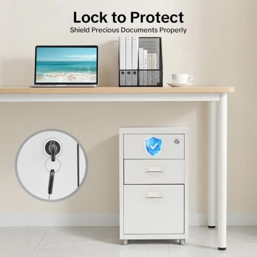 3 Drawer File Cabinet with Lock, Freestanding Filing Metal Drawers Organizer Vertical Metal Rolling Organizer Movable Under Desk Cabinet with Wheels for Home Office Living Room Study (3 Tiers White)