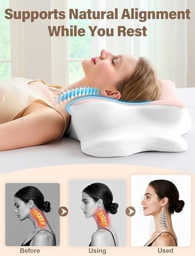 Cervical Neck Pillow for Pain Relief – Ergonomic Memory Foam Pillow for Side Sleeper Contour Orthopedic Bed Pillow for Neck Support with Cooling Cover – Ideal Christmas Birthday Gift for Women - Pink