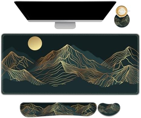 AIMSA Keyboard Mouse Pad Wrist Rest Set, Extended Desk Mat+ Ergonomic Mouse Pad with Wrist Rest+ Keyboard Wrist Support+ Coaster, 35x15.7in Large Desk Pad, Abstract Gold Sun Mountain