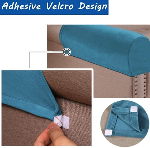 2 Pack Velvet Stretch Armrest Covers - Non Slip Sofa Chair Covers, Soft Elastic Arm Protectors for Living Room Couch, Office Chair, Recliner (Peacock Blue)