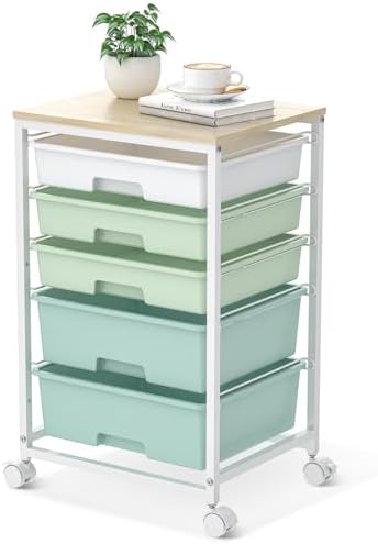 SYKIARIOL Rolling Cart with Drawers,5 Drawers Storage Cart,Light Green