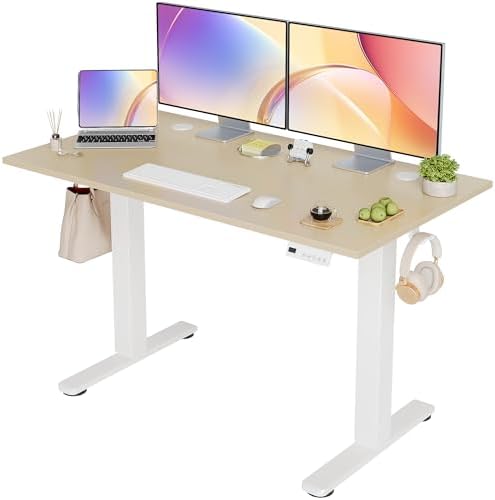 Seang Electric Standing Desk Adjustable Height, 48 x 24 Inch Sit Stand Desk with T-Shaped Frame, 3 Memory Presets & Cable Management for Home Office Computer Workstation, White Frame/Nature Top