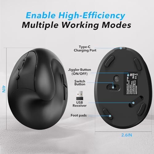 Left Hand Ergonomic Vertical Wireless Mouse Type C Rechargeable 6-Btn Mice