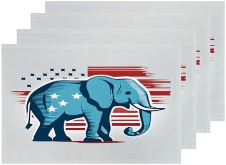Shrahala American Flag Set Of 4 12 X 18 Inch Linen Placemats , Stars And Stripes Elephant Burlap Table Mat Washable Double Layered Heat Insulation For Indoor/Outdoor