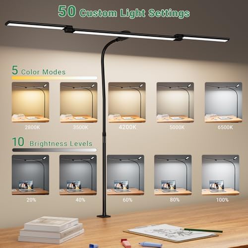 LED Desk Lamp for Home Office,3 Lamp Bars, 5 Color Temperatures & 10 Dimming Brightness, Flexible Neck, 15W USB Adapter Desk Light with Clamp for Reading, Study, Craft (Black)