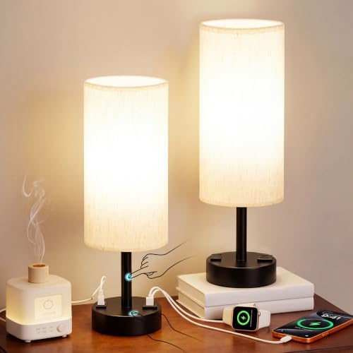 MOICO Bedside Lamp with USB Ports and AC Outlet, Touch Table Lamp for Bed