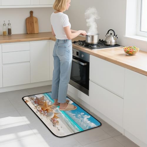 Summer Ocean Beach Starfish Door Mat Kitchen Mats, Indoor Outdoor Rugs, Cushioned Anti Fatigue Absorbent Kitchen Rug, Non-Slip Standing Desk Mat, Front Door Rug for Floor, Bathroom, Sink, 20"×39"
