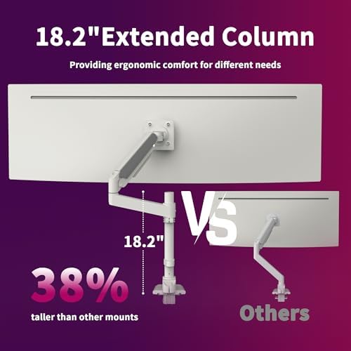 Single Monitor Arm for 17-49 Inch Ultrawide Screens, Single Monitor Mount Heavy Duty up to 44lbs, Adjustable Vertical Stacked Full Motion Single Monitor Arm Desk Mount, 75/100mm VESA Mount, White