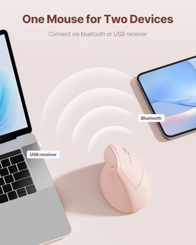 Ergonomic Mouse, USB+Bluetooth Dual Connection, Wireless Vertical Mouse for Reducing Wrist Pain, 1000/1600/2400 DPI, Ergo Mouse with Quiet Click for Windows Mac OS PC Computer Laptop, Pink