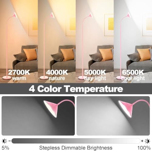 Yikuneng Dimmable LED Floor Lamp, Super Bright Reading Lamps Floor Standing lamp with Remote & Touch Control, Stepless Dimming & 2700K-6500K Color Temperature, for Living Room Bedroom Office, Pink