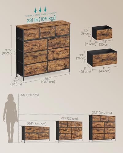 SONGMICS Dresser for Bedroom, Wide Dresser with 9 Fabric Drawers
