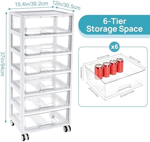 Vtopmart Rolling Drawer Cart, 6 Tier, Clear, Deep Drawers