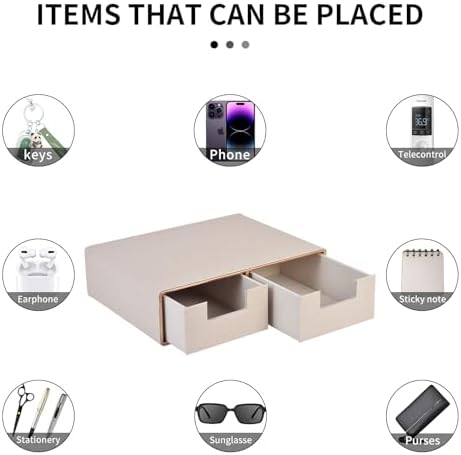 Linen Leather Desk Organizer with Drawers－Mini Desktop Drawer Organizer Stackable－Multifunctional Tabletop Organization Storage Box for Office Supplies Home Vanity Toiletries (Beige, 2-drawers)