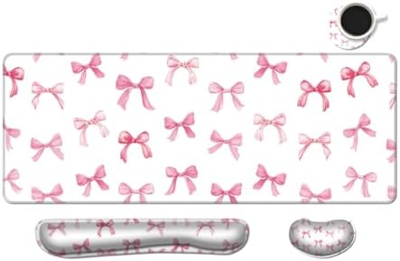 MIBITRI Keyboard Mouse Pad Set, Extended Gaming Mouse Pad+Ergonomics Keyboard Wrist Rest Support, Memory Foam, Easy Typing Pain Relief, 4Pcs XXL Ultra Thick Desk Mat, Pink Bows