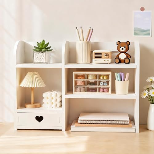 White Heart Drawer Bookshelf, Desktop Organizer with 3-Tier Heart-Shaped Drawers, Thickened PVC Storage Shelf for Desk, Office, Dorm