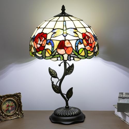 Tiffany Table Lamp Dragonfly Rose Style Stained Glass Lamp
