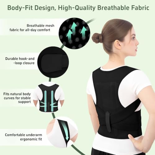 Posture Corrector Back Brace for Men and Women, Adjustable Upper Back and Shoulder Support, Lightweight Breathable Design for Daily Wear, Office Work, Computer Use and Studying Black, XX-Large