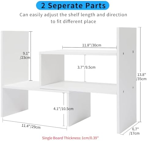 Desktop Shelf Organizer, Adjustable Wood Office Storage Rack, Counter Display Small Bookshelf for Home/Office/School(White)
