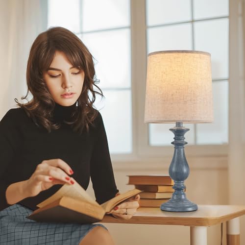 Lamps Set of 2 Vintage Rustic Farmhouse Table Lamps Bedside Reading Lamp Bedroom Nightstand Living Room Teapoy Lamp, Desk Light, 22 Inch High, Navy Blue, with Fabric Shade, Bulb Not Included，Blue