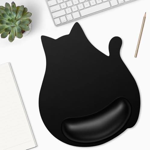 Ergonomic Mouse Pad with Wrist Rest, Cute Cat Memory Foam Padded Pain Relief Non-Slip Wrist Support Mouse Mat for Gaming Work Computer Laptop, Funny Office Supplies Desk Accessory, Jet Black