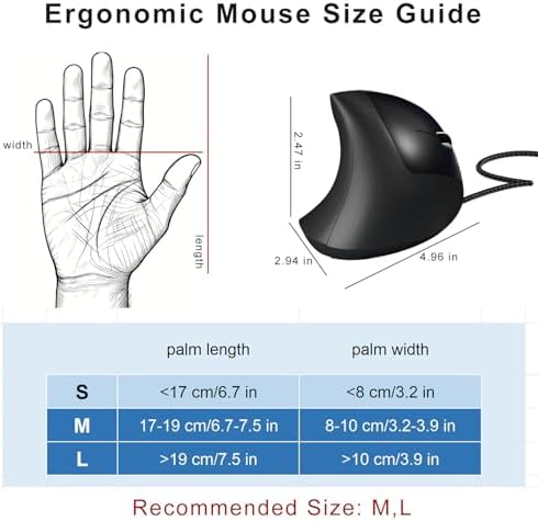 ROCK&ROWN Wired Ergonomic Mouse,Vertical Mouse with Nylon-Braided Cable,6 Buttons,6400 Adjustable DPI,Silent Mouse for PC,Mac,Laptop - Black