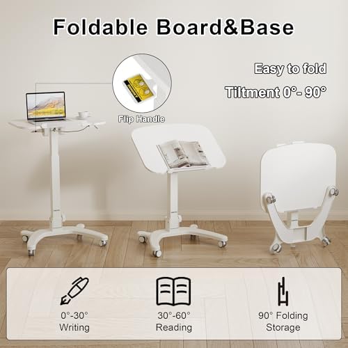 BONTEC Mobile Foldable Standing Desk, Gas Spring, 25.6 x 19.7 Inch, White