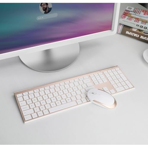 Vssoplor Wireless Keyboard and Mouse, Rechargeable Ultra Slim, White Gold