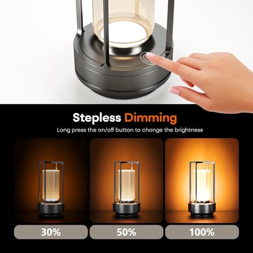 Rechargeable Cordless Small Metal Table Lamp, Stepless Dimming, 3-Color