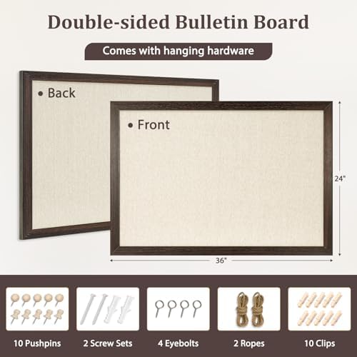 DOLLAR BOSS Bulletin Boards with Linen, 36"x24" Cork Board, Dark Walnut