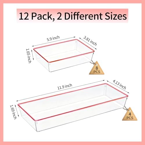 12 Pack Large Size Clear Stackable Drawer Organizer Trays, Rose Gold Rim Makeup Drawer Storage Tray Divider, Desk Storage for Makeup, Jewelry, Bathroom, Stationary, Kitchen Utensils and Office Desk