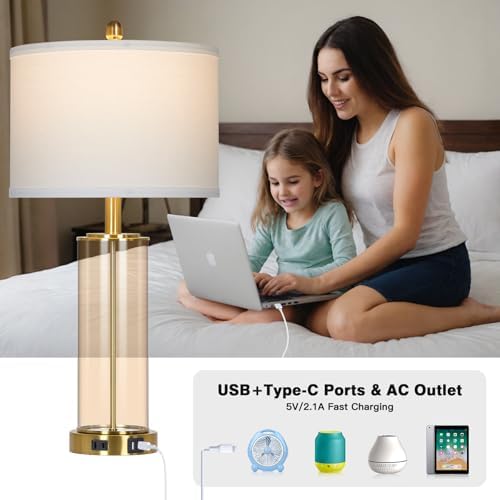 Ruzectt 26" Glass Table Lamp Single, 3-Way Dimmable Touch Control Living Room Lamp with USB C+A Ports & AC Outlet, Modern Bedside Lamps, Bedroom Lamps for Nightstand Side End Table Desk, Brown-1PK