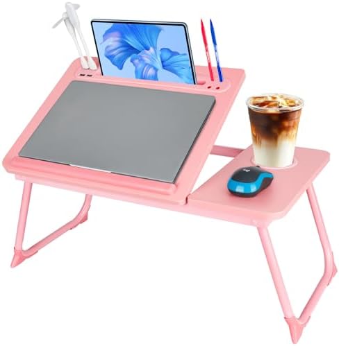 Laptop Bed Desk, Adjustable Lap Desk, Small Laptop Table with USB Charge Port, Desktop Card &Pen Slot, Cup Holder, Foldable Bed Tray Table for Couch Sofa Chair Floor Eating Working