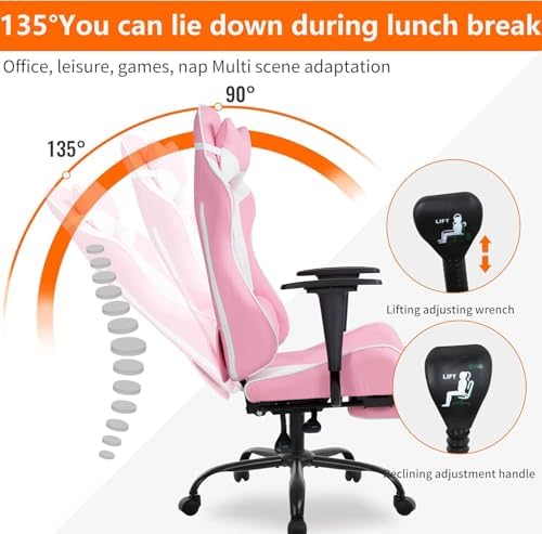 PC Gaming Chair with Footrest, Ergonomic Home Office Chair with Lumbar Support & Headrest Pillow, Pink