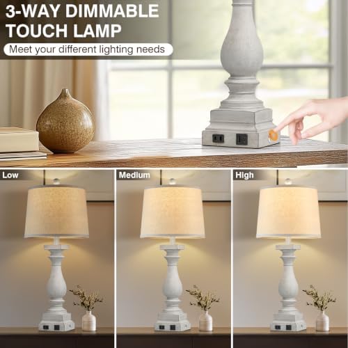 28" Tall Farmhouse Table Lamp with USB C+A Ports and AC Outlet, 3 Way Touch Control Rustic Bedside Lamp for Bedroom, White Vintage Nightstand Lamp for Living Room Office