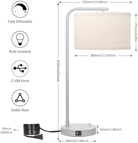 25" Tall Table Lamp with USB C+A Ports, Fully Dimmable Nightstand Lamp