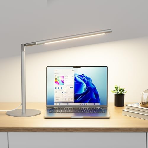 SIBRILLE Silver LED Desk Lamp, 16" Dimmable Metal Desk Light with Base, 15W 1200LM, Adapter Included, Color & Brightness Adjustable, Modern Tall Table Lamp for Home Office Reading Study Task Laptop