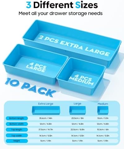 10 Pack Large Size Plastic Drawer Organizers Set, 3 Sizes Desk Drawer Organizer Trays, Storage Bins for Vanity, Makeup, Bathroom, Kitchen Utensils and Office (Blue)