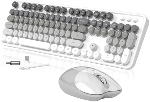 Creamy Wireless Keyboard and Mouse, MOFII 104 Round Keycaps Retro Typewriter with OTG & Brush, Full-Size Ergonomic, Ideal for Windows PC, Home, Office and College Gray White