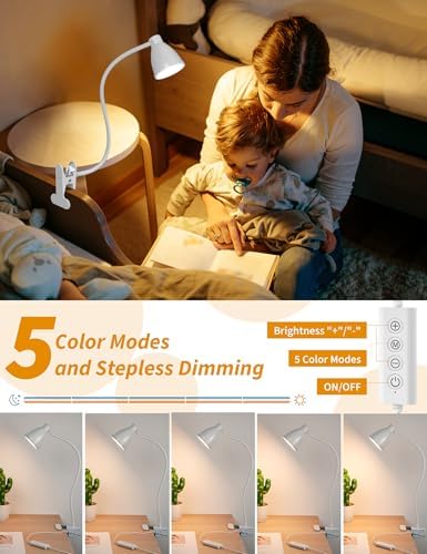 BOHON Clamp Lamp 5 Color Modes 10 Brightness Dimmer Bedside Lamp, White