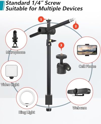 Overhead Camera Mount Desk Stand, Camera Arm Desk Mount Clamp Stand with 360°Adjustable Magic Arm, Webcam Arm Mount Stand w Ballhead Phone Mount for Desk Logitech Microphone Video Light Cell Phone
