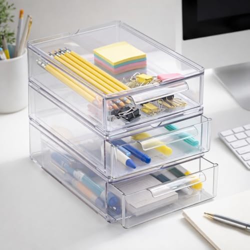 BINO | Clear Stackable Storage Drawers, Small - 6 Pack | Clear Storage Drawers with Built-In Handles | Durable Plastic Organizer Drawer | Modular Stackable Drawer Acrylic Organizer