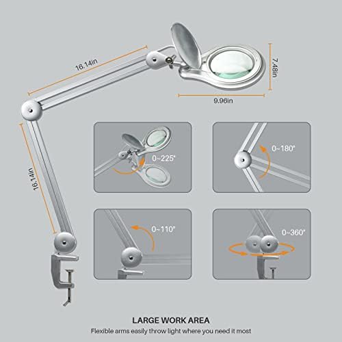 LED Magnifying Lamp with Clamp, 5 Inch Magnifier Glass Lens, Metal Swing Arm Dimming 1200 Lumens Lighted Magnifying Desk Lamp for Crafts, Bright 60PCS LEDs - 2.25X Magnification(Silver)