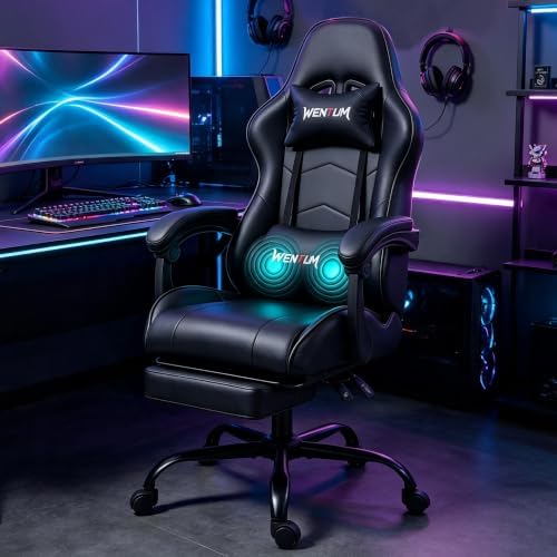 Gaming Chair with Footrest for Adults, PU Leather Massage Racing Video Game Chair with Lumbar Support for Men Women, Ergonomic Computer Chair for Home Office, Height Adjustable, Black